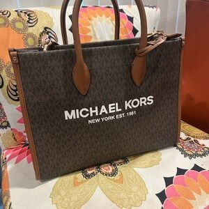 Michael Kors Brown Logo Tote with Tan Trim